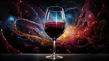  a glass of wine sitting on a table in front of a wall with a painting of a space scene in the background.  generative ai