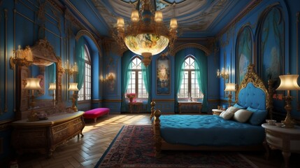 Fototapeta na wymiar Blue enchanted rose bedroom extravagant bedroom Ai generated art