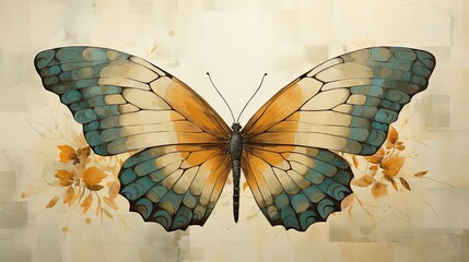  a painting of a yellow and blue butterfly with yellow flowers on it's wings and wings spread wide open.  generative ai