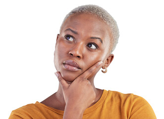 Woman, face and thinking of ideas for planning choice, future inspiration and insight isolated on...