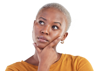 Woman, face and thinking of ideas for planning choice, future inspiration and insight isolated on transparent png background. African model, remember memory and questions of decision, solution or why