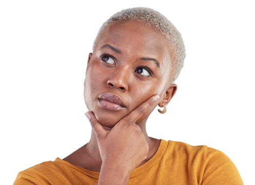 Woman, face and thinking of ideas for planning choice, future inspiration and insight isolated on transparent png background. African model, remember memory and questions of decision, solution or why