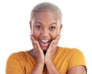 Fototapeta na wymiar Surprise, portrait and black woman excited, shocked or OMG facial expression for news, deal or secret. Wow reaction, WTF or girl with gossip, announcement or promo deal on transparent, png background