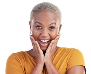 Surprise, portrait and black woman excited, shocked or OMG facial expression for news, deal or secret. Wow reaction, WTF or girl with gossip, announcement or promo deal on transparent, png background