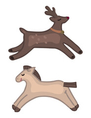Fototapeta premium Doodle of children's toys animals. Cartoon clipart of horse and deer figurines. Vector illustration isolated on white.