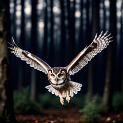 Eule oder Uhu als Nahaufnahme im Flug vor einem unscharfen Hintergrund aus dunklen Wald. Greifvögel und wildlebende Tiere in einer natürlichen gesunden Umgebung.