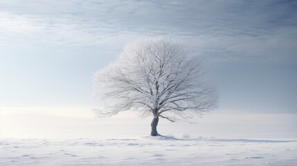  a lone tree standing in the middle of a snow covered field with a blue sky and clouds in the background.  generative ai