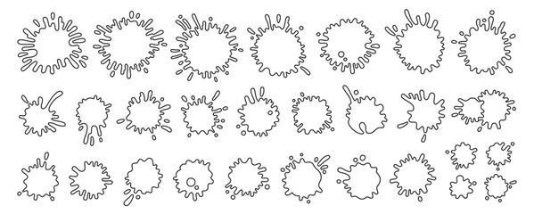 Splash paint splatter outline cartoon set. Stain and splat flat contour, shapes liquids drop icon splatter. Different splashes and drops line doodle shape ink collection. Isolated vector illustration