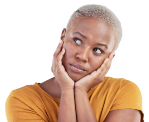 Thinking, sad and black woman with doubt, decision or solution facial expression for depression. Mental health, upset and African female model with question isolated by transparent png background.