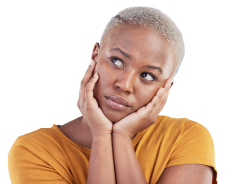 Thinking, sad and black woman with doubt, decision or solution facial expression for depression. Mental health, upset and African female model with question isolated by transparent png background.