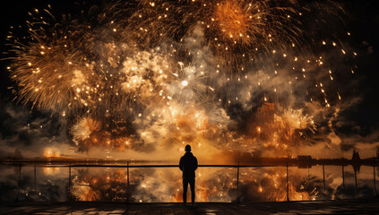 Silhouette of Man Watching New Year's Golden Fireworks by the Lake, Generative AI