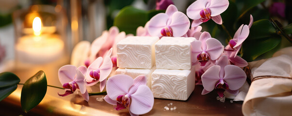 beautiful setup or orchid flowers and soap bars with candle for cosmetics and face wash natural spa...