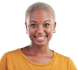Happy, excited and portrait of young black woman with positive, good and confident attitude. Happiness, smile and African female model with casual fashion isolated by transparent png background.