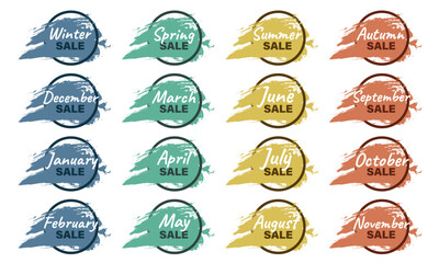 Sale shopping vector sticker tags of all months. Vector summer, winter, autumn, spring sale colorful labels 