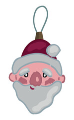 Doodle of glass Santa head on ribbon. Cartoon clipart of cute Christmas tree decoration. Contemporary vector illustration isolated on white background.