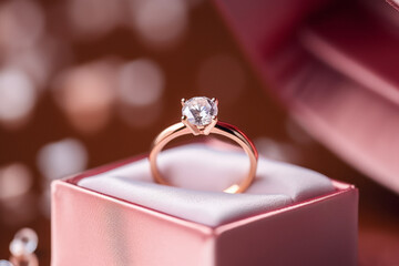 Sparkly shiny ring with diamond in a gift box. Beautiful present for marriage, Valentine's Day or other big celebration