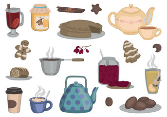 Set of cozy winter food, drink. Doodles of teapots, mugs, homemade bakery, honey, berry jam, cookies, mulled wine. Contemporary clip arts collection isolated on white. Vector illustrations.