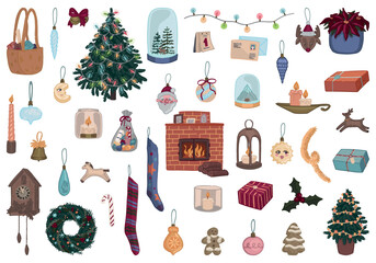 Set of Christmas holidays doodles. Cartoon clip arts of xmas decorations, trees, wreath, garlands, candles, gifts. Contemporary vector illustrations collection isolated on white.