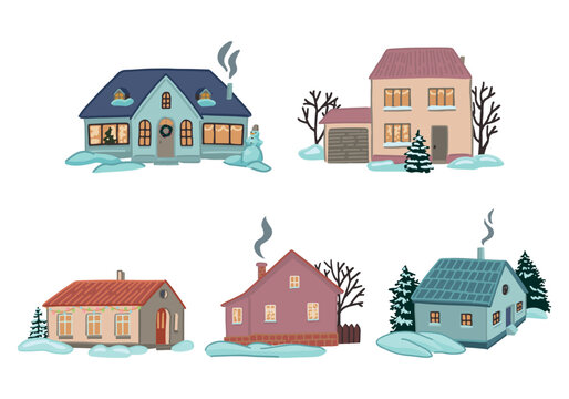 Set of cozy winter time houses. Doodles of snow-covered country houses. Cartoon vector illustrations. Modern clip arts collection isolated on white.