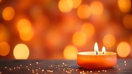 Obraz na płótnie Canvas Diwali candles in orange bokeh background in Indian festive. Placed on the table. Copy space setting out.