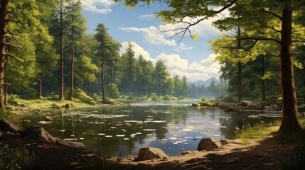 a painting of a river running through a forest with rocks in the foreground and trees on the other side of the river.  generative ai
