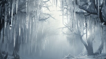 Fototapeta premium a foggy forest filled with lots of trees and ice hanging off of the sides of it's branches. generative ai