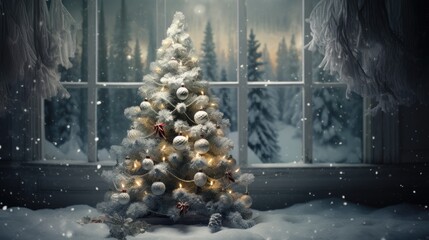  a decorated christmas tree in front of a window with snow on the ground and a lit christmas tree in front of a window.  generative ai