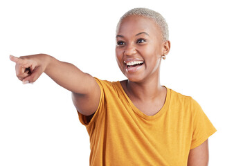 Pointing, smile and black woman excited for commercial promo, info or announcement on transparent,...