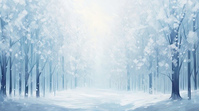  a painting of a snow covered forest with a sun shining through the trees on the right side of the picture.  generative ai
