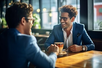 Two young businessmen talking and drinking coffee in a cafe. They are laughing and looking at each other.