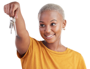 Happy black woman, keys and new home for property or real estate isolated on a transparent PNG background. Face of African female person with house access for investment, mortgage loan or apartment