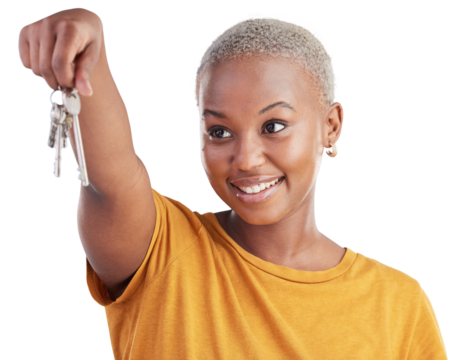Happy black woman, keys and new home for property or real estate isolated on a transparent PNG background. Face of African female person with house access for investment, mortgage loan or apartment