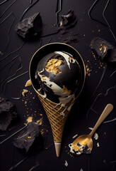 Vanilla Ice Cream Sundae with Delicious Ice Cream, Whipped Cream, Hazelnuts and Chocolate Caramel Sauce, dark background.