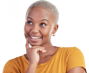 Thinking, smile and young black woman with memory, reflection and good idea facial expression. Happy, brainstorming and African female model with decision face isolated by transparent png background.