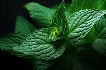 A Bush of Fresh Aromatic Mint. Macro of Peppermint Leaves with Water Drops and Sun Light on a Black Background - obrazy, fototapety, plakaty
