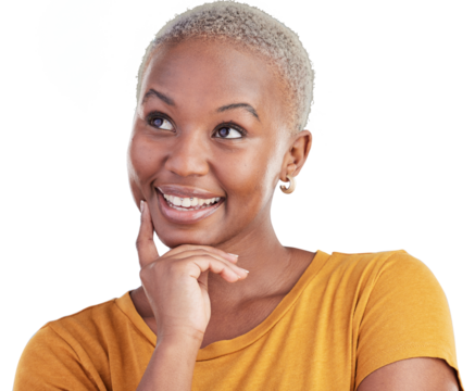 Thinking, smile and young black woman with memory, reflection and good idea facial expression. Happy, brainstorming and African female model with decision face isolated by transparent png background.