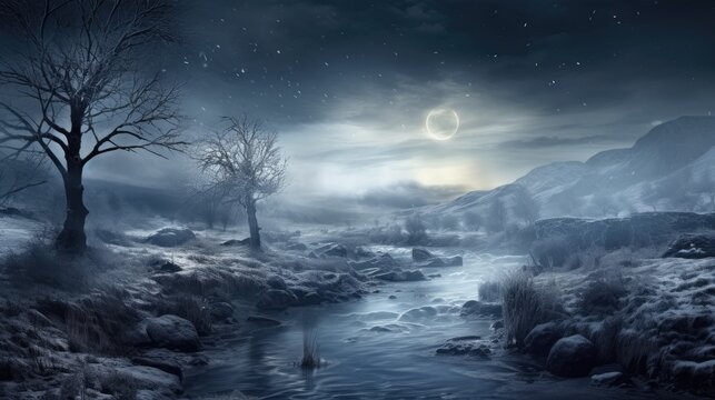  a painting of a stream in a snowy landscape with a moon in the sky and a tree in the foreground.  generative ai