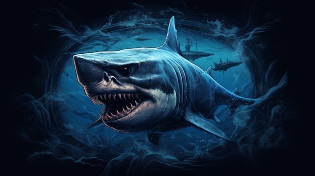 Blue shark art style nightmarish fish generative illustration picture AI generated art