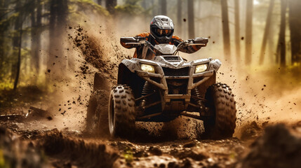 All-terrain ATV Quad Rider on blurred motion mud dirt road at rainy