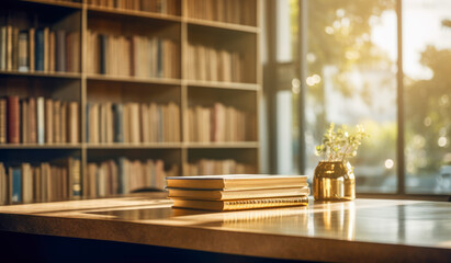 A white wooden table with books on it and a window behind it.