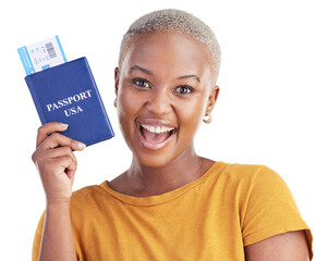 Portrait, happy black woman and passport ticket for world, global or worldwide travel, adventure or journey to USA. Immigration, boarding pass documentation or traveler on transparent, png background - obrazy, fototapety, plakaty