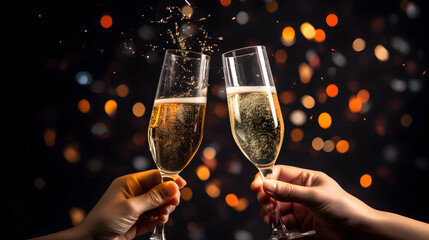 Happy New years event celebration background Toast with sparkling wine or champagne - obrazy, fototapety, plakaty