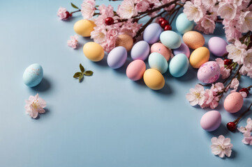Naklejka na ściany i meble Colorful Easter eggs on light blue background with pink blooming apple branch. Colored Egg Holiday background. Easter banner or postcard.