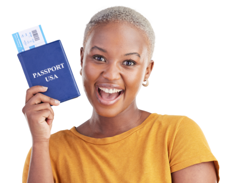 Portrait, happy black woman and passport ticket for world, global or worldwide travel, adventure or journey to USA. Immigration, boarding pass documentation or traveler on transparent, png background