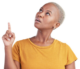 Face, thinking and pointing with a black woman isolated on a transparent background for an...