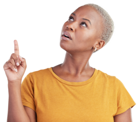 Face, thinking and pointing with a black woman isolated on a transparent background for an announcement. Idea, confused and information with a young person on PNG to gesture or question a deal