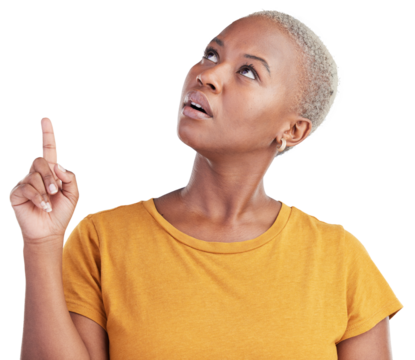Face, thinking and pointing with a black woman isolated on a transparent background for an announcement. Idea, confused and information with a young person on PNG to gesture or question a deal