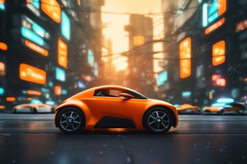 Fototapeta na wymiar Miniature orange car on the background of the night city. , a brand-less generic concept car