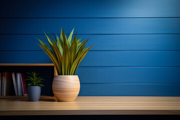 Interior Scene and Mockup. Wooden table and blue wall, green plant on the table.