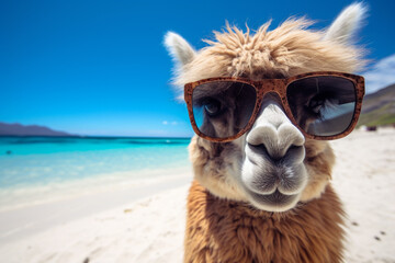 illustration of an alpaca wearing sunglasses on the beach. Created with Generative AI
